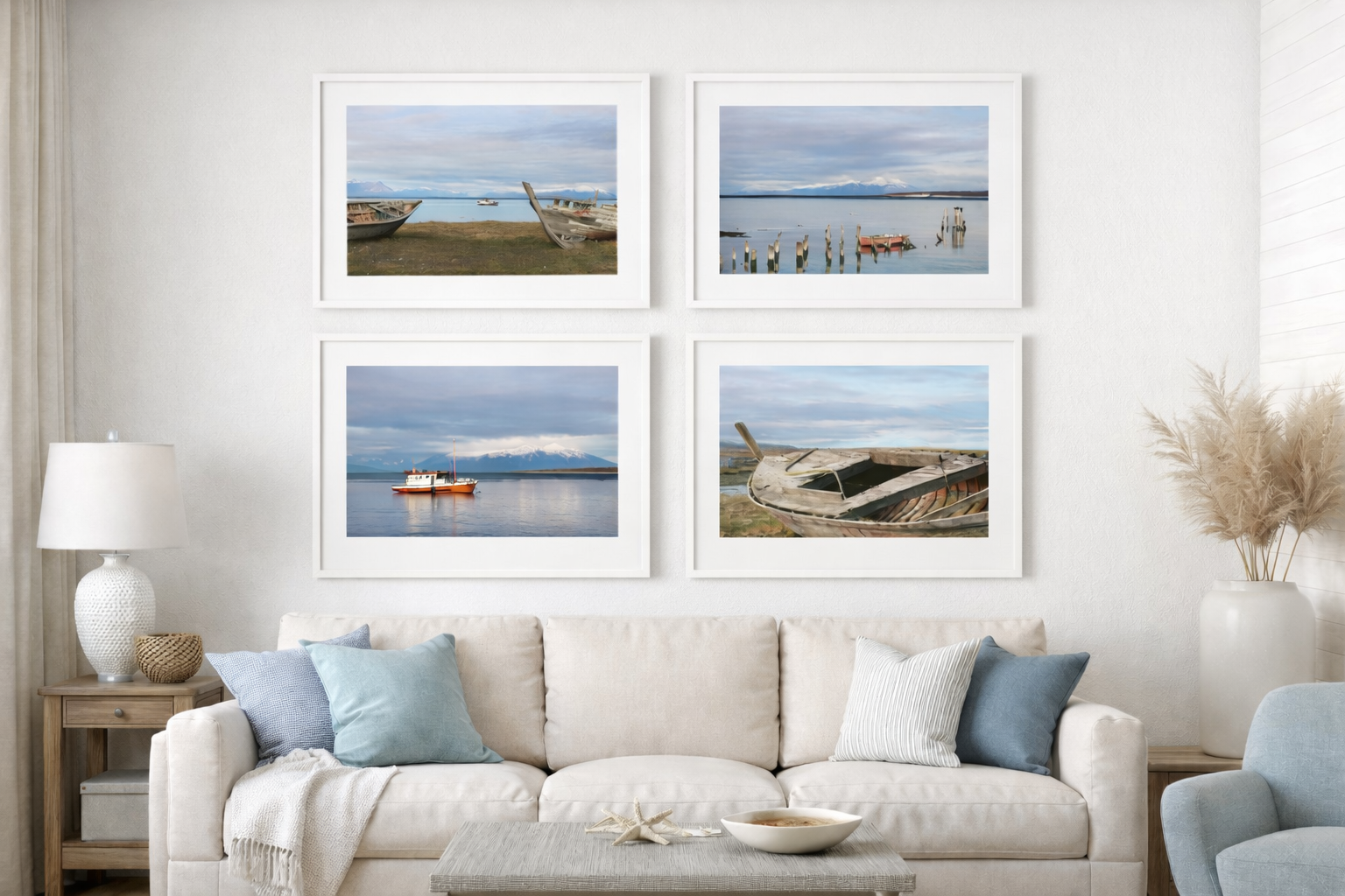Ghosts of the Harbor fine art photography series by Brice Weaver, four framed harbor photographs from Puerto Natales, Patagonia displayed in a grid above a neutral sofa in a coastal interior