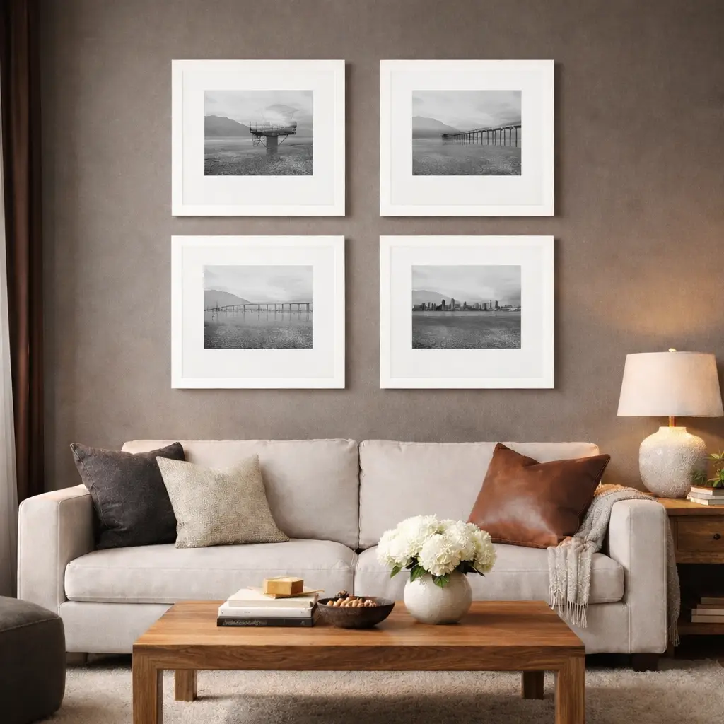 Place and Persistence fine art photography series featuring Torrey Pines, Scripps Pier, Coronado Bay Bridge, and the San Diego skyline merged with Clark Dry Lake in Anza-Borrego Desert State Park, California, shown as a four-piece framed installation.